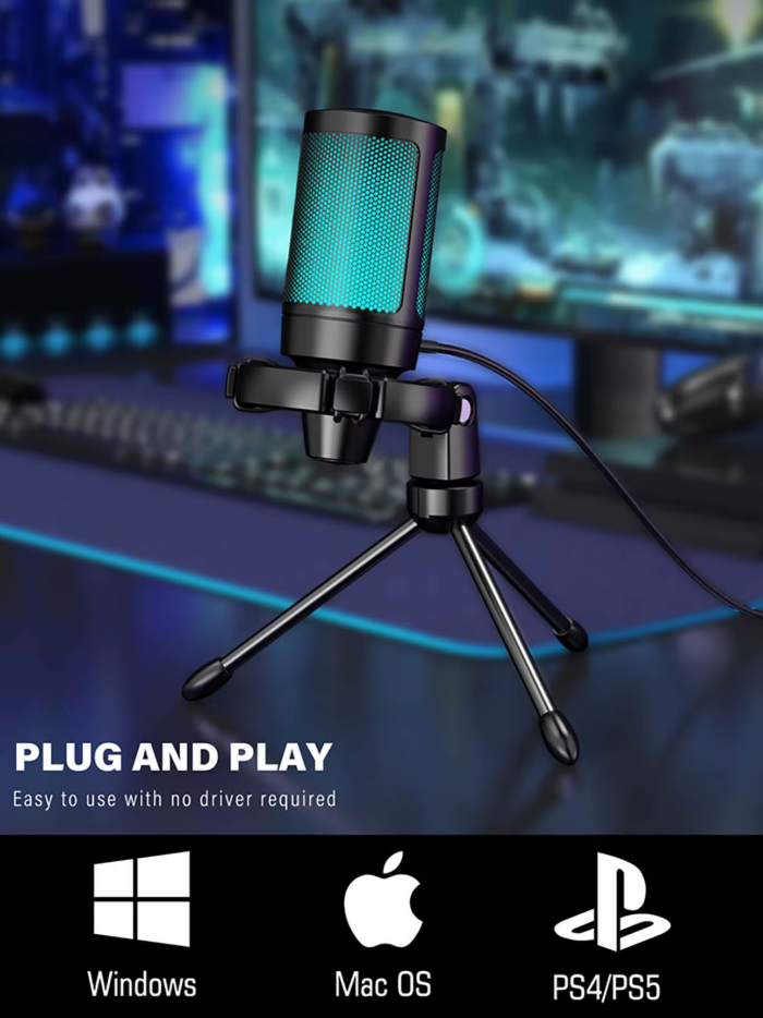 Microphone RGB com Função Touch + Tripé para Streaming, PC, PS4/5, Laptop