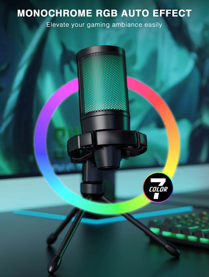 Microphone RGB com Função Touch + Tripé para Streaming, PC, PS4/5, Laptop