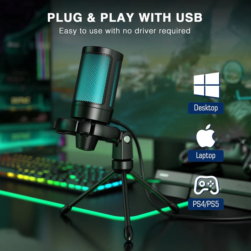 Microphone RGB com Função Touch + Tripé para Streaming, PC, PS4/5, Laptop