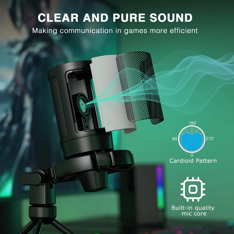 Microphone RGB com Função Touch + Tripé para Streaming, PC, PS4/5, Laptop