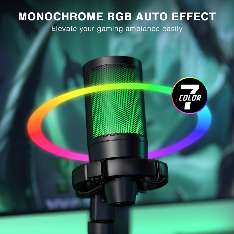 Microphone RGB com Função Touch + Tripé para Streaming, PC, PS4/5, Laptop